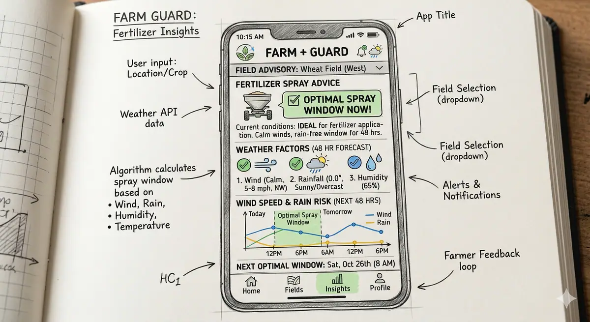 An annotated sketch of a farm app screen from a Figma Make workshop session.