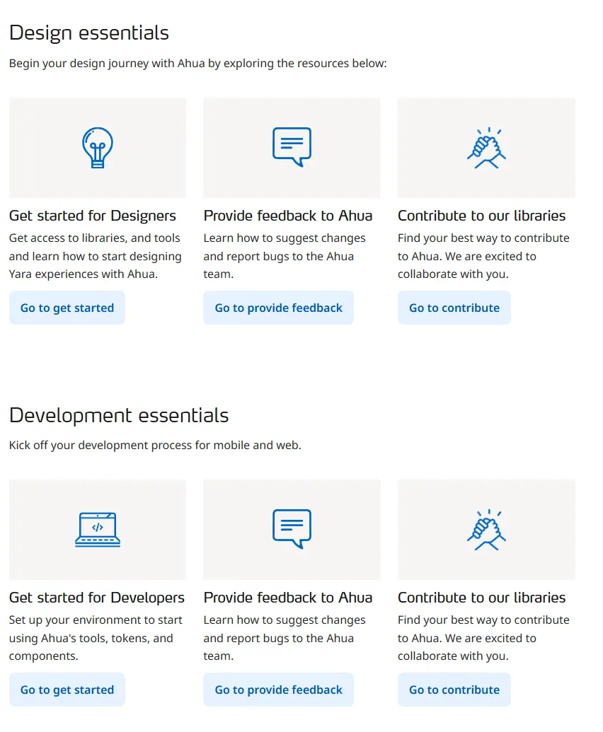 The design and development essentials pages: how to get started, give feedback and contribute.