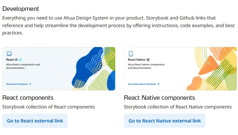 Development page linking to React and React Native component collections in Storybook