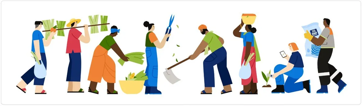 Illustrations from the library: people farming, harvesting and using a phone.