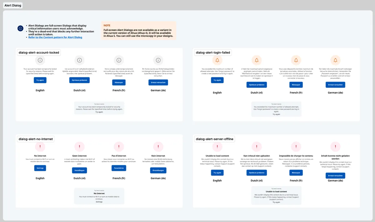 UX content patterns showing dialog copy variations in several languages
