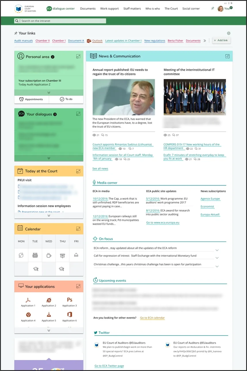 The intranet home page design with a personal area, news, a calendar and applications.