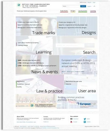 The agency website home page, with sections for trade marks, designs, learning and search.
