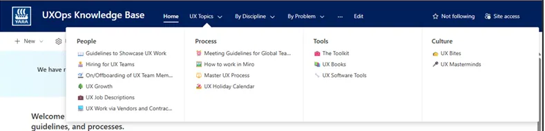The UXOps Knowledge Base home page with navigation for people, process, tools and culture