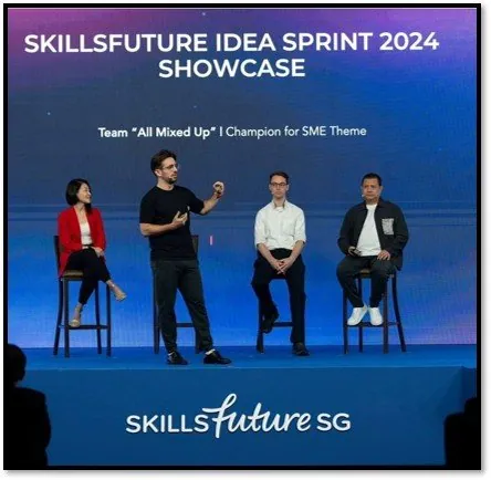 The team on stage at the SkillsFuture Idea Sprint 2024 showcase.