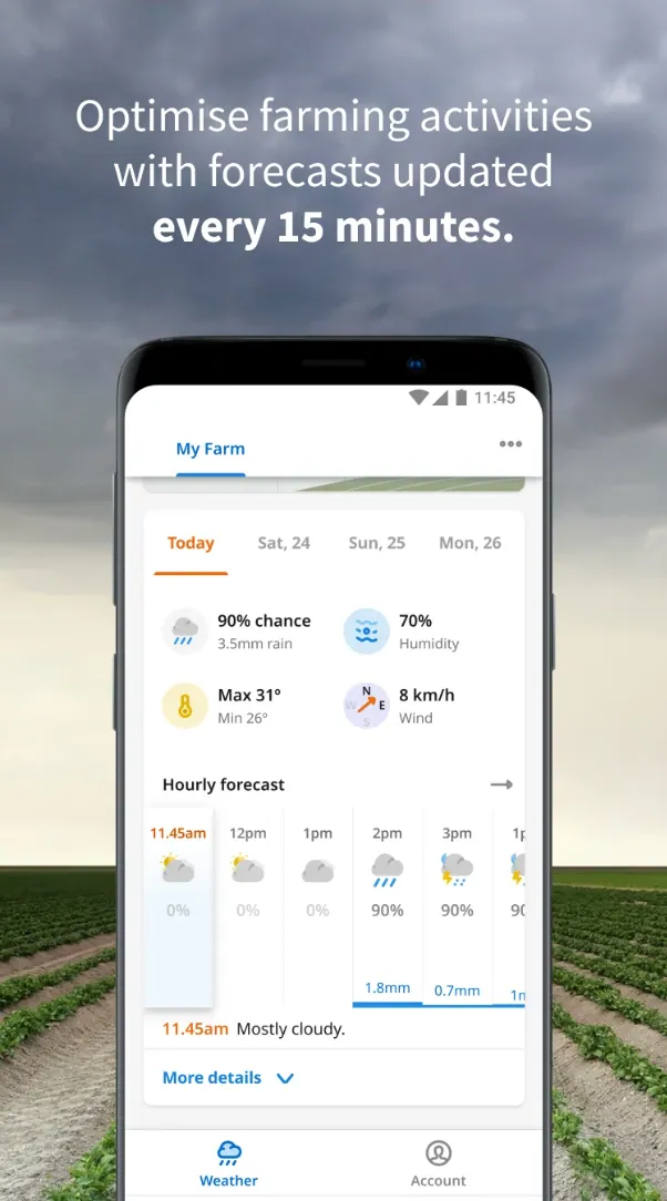 The FarmWeather forecast screen on a phone, over a field
