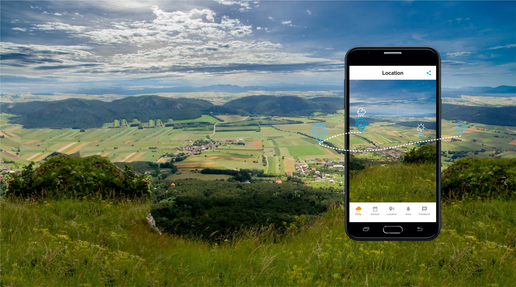 FarmWeather on a phone, showing the location forecast over farmland.